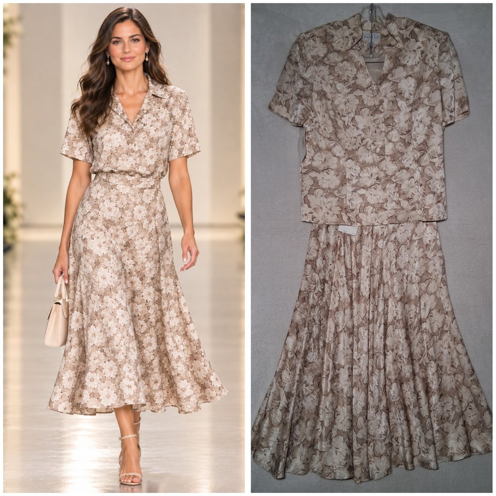 Vtg Adrianna Papell Silk Two-Piece Blouse Maxi Skirt Set SZ 14 Ivory /Taupe $178